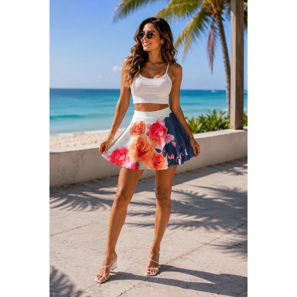 Kashieca Womens Floral Rose Print Skater Mini Skirt Navy Beige Orange  M Medium